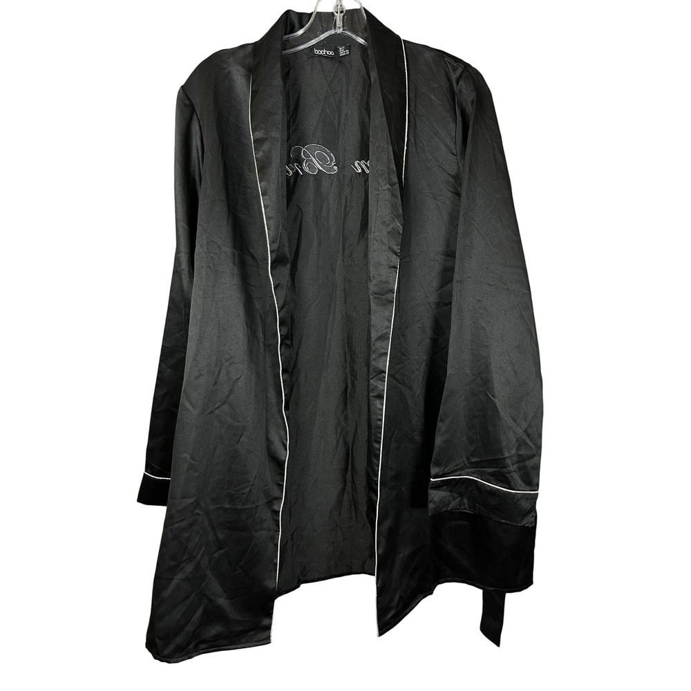 Boohoo Team Bride Satin Robe Black White Piping Embroidered Bridal Party US 8